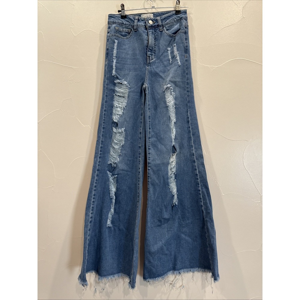UNIQ BY LITZ Women's Super Flare Jeans Distressed Frayed Hem Blue Denim Size 26